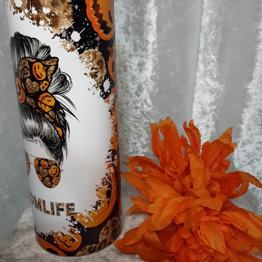 Handmade Halloween Fall Mom Life 20 oz Tumbler Orange White Thermos - Picture 6 of 6